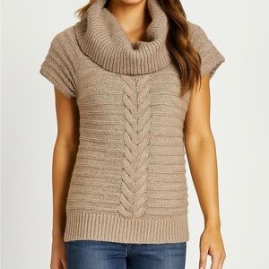 Elena Solano Tan Braided Cowl Neck Wool Blend Sweater XL Short Sleeve Tunic